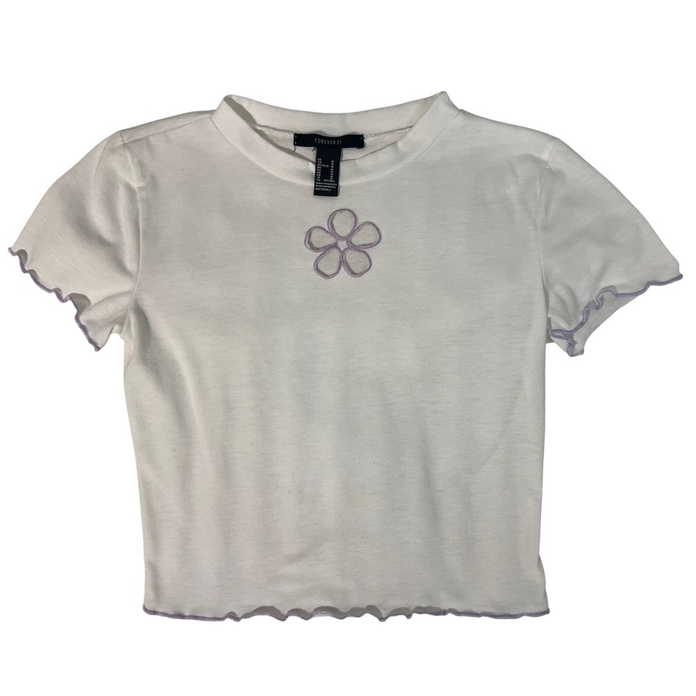 Forever 21 Womens White Purple Flower Lettuce Edge‎ Crop Baby Tee Shirt Size M
